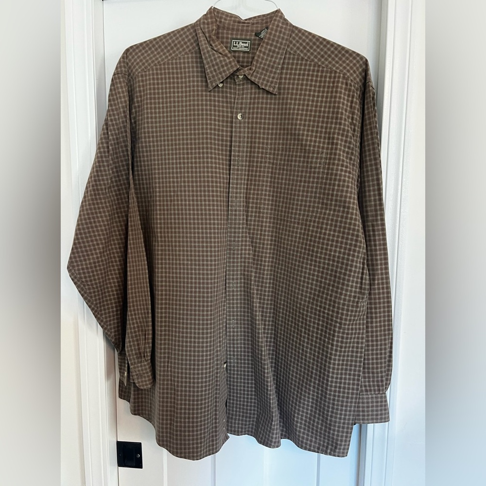 LL Bean Dress Shirt Brown Plaid XL